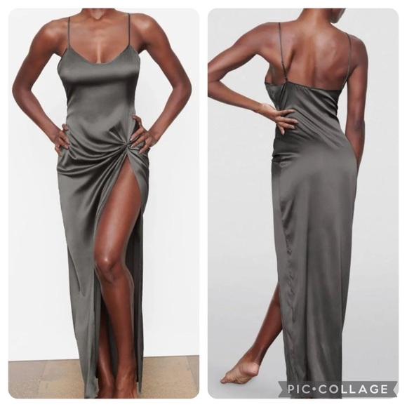 SKIMS Dresses & Skirts - SKIMS Size Large High Slit Twist Slip Dress Gunmetal Grey gray NWT Silk silky